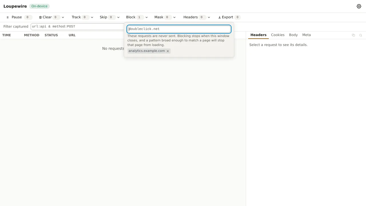 The Block popover with analytics.example.com typed and added as a chip, the Block count reading 1, and the note about blocking under the input