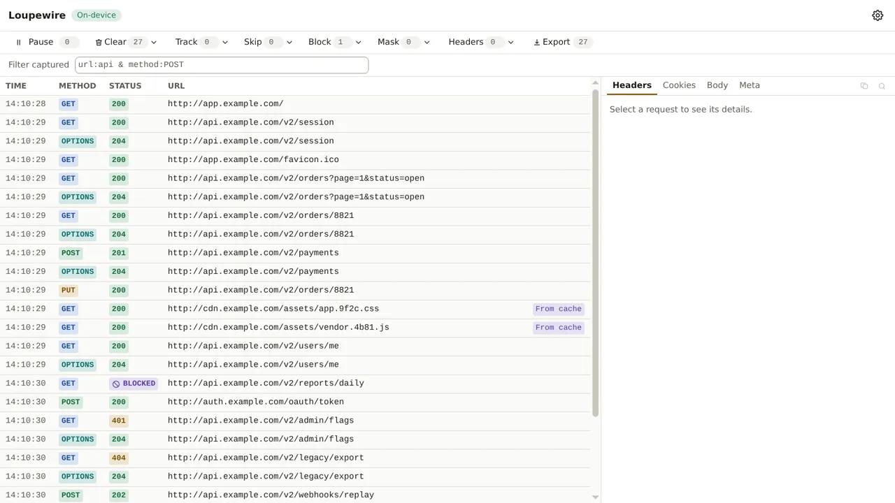 The request table with one row reading BLOCKED in purple, for the URL matching the pattern, among ordinary rows with 200 and 404 statuses