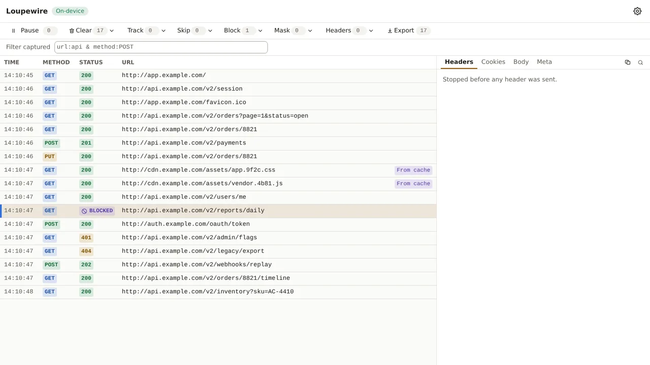 The detail panel of a blocked request: the Headers tab reading Stopped before any header was sent