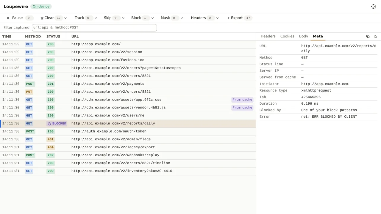 The Meta tab of the same request: Blocked by reading One of your block patterns, Error reading net colon colon ERR_BLOCKED_BY_CLIENT, and a duration of 0.196 milliseconds