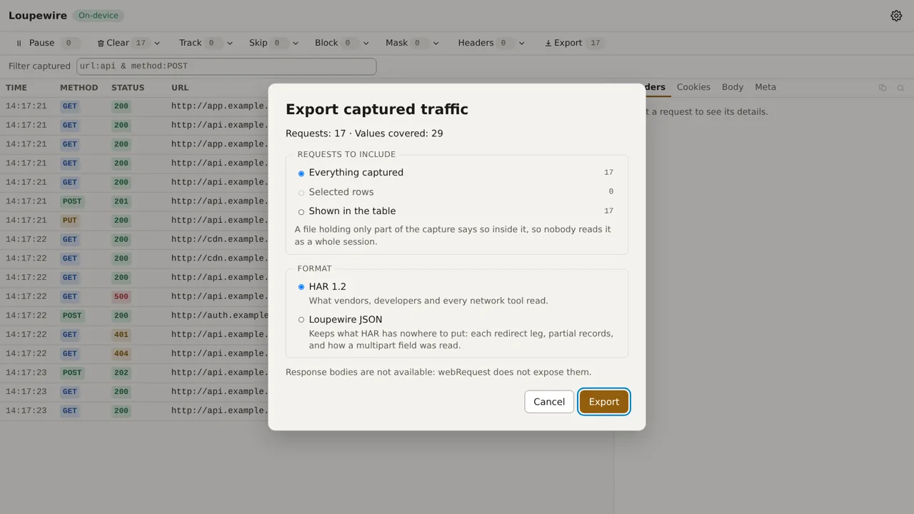 The export dialog: Everything captured selected with a count of 17, two other scopes, HAR and Loupewire JSON as formats, and a summary reading Requests 17, Values covered 29