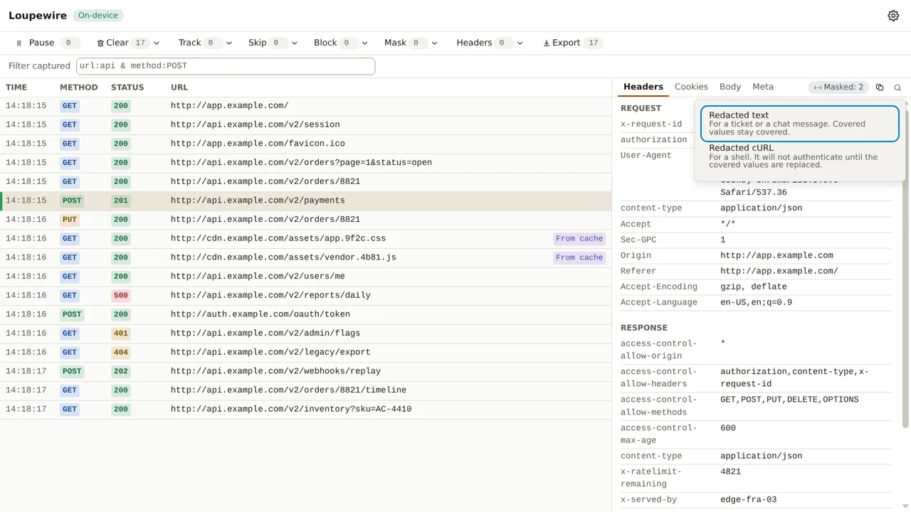 The copy menu on a request, offering Redacted text for a ticket or chat message and Redacted cURL for a shell, each with a line of description