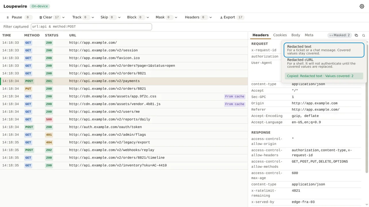 The same menu after choosing Redacted text, with a green confirmation reading Copied, Redacted text, Values covered 2