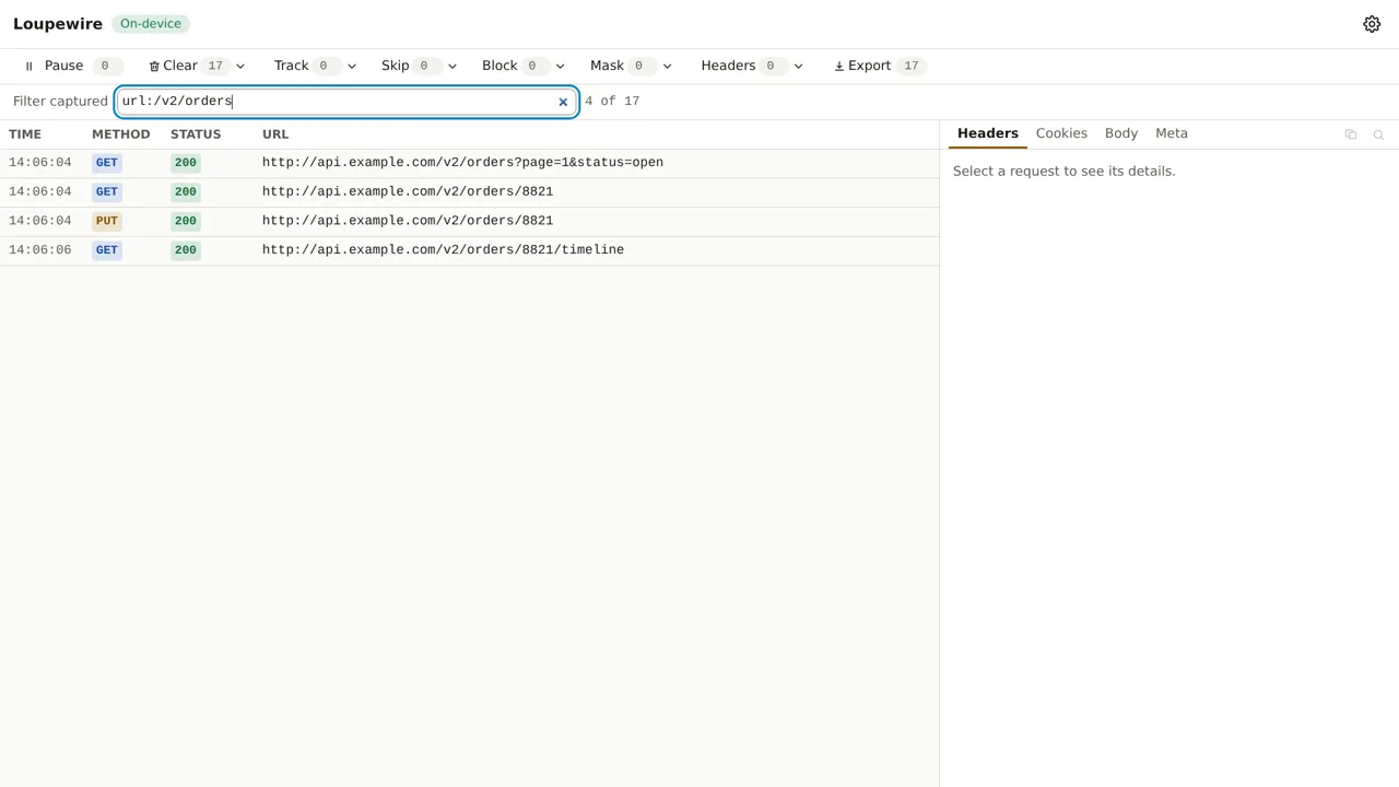 The filter bar reading url colon slash v2 slash orders, four rows shown, and the count 4 of 17 beside the box