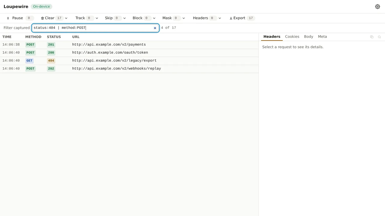 The filter bar reading status colon 404 pipe method colon POST, showing three POST rows and one 404