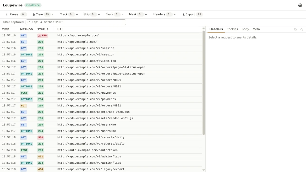 The tracker after loading a page: rows from app, api, cdn and auth hosts, statuses from 200 to 500, and one ERR row at the top