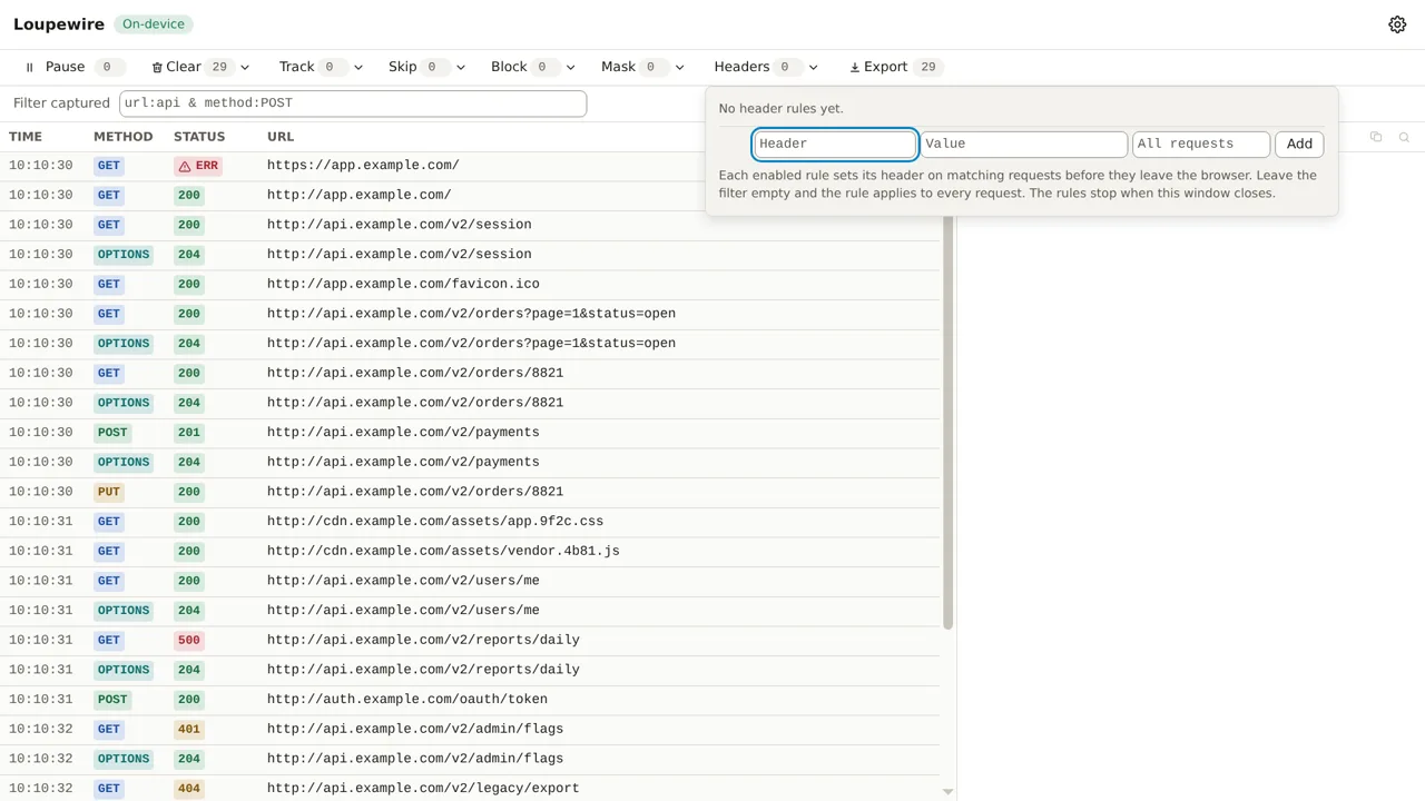 The tracker toolbar with the Headers button pressed and an empty rules panel open below it