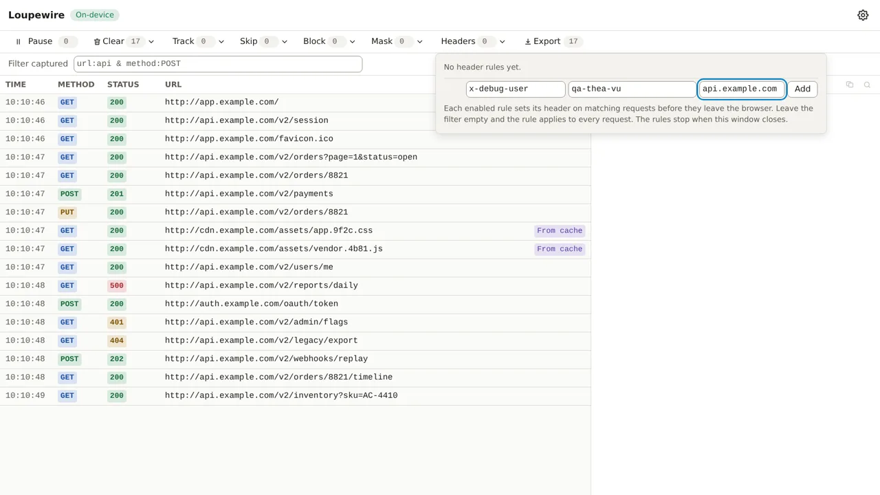 The rules panel with x-debug-user, qa-thea-vu and api.example.com typed into the three fields
