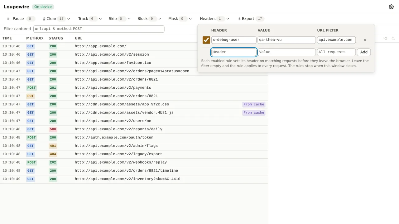 The rules panel after Add: the rule row is listed with its checkbox ticked and the Headers count reads 1
