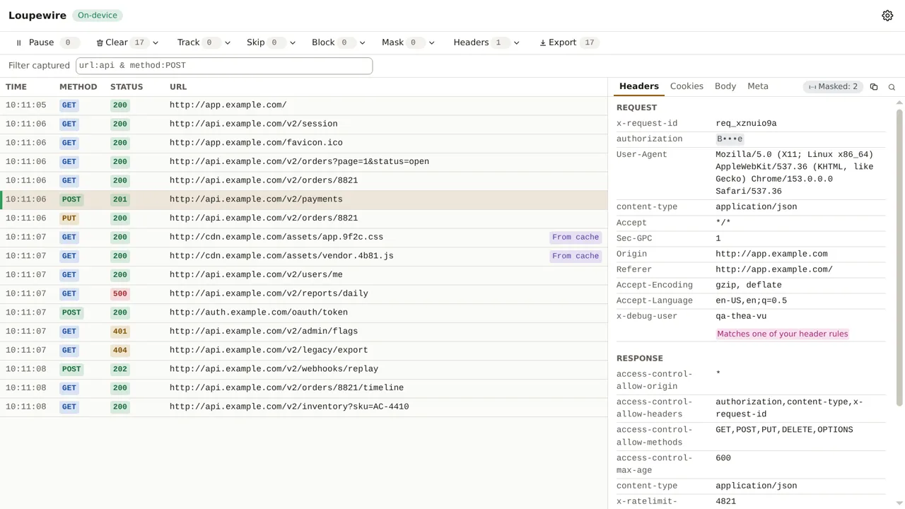 A POST to api.example.com selected in the table; the Headers panel lists x-debug-user with the note "Matches one of your header rules"