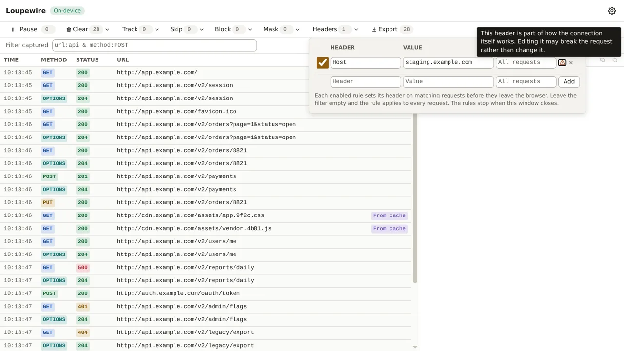The rules panel with a Host rule added; its row shows an alert triangle and the tooltip reads that editing this header may break the request rather than change it