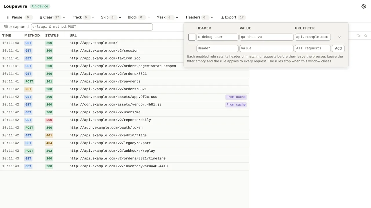 The rules panel with the rule's checkbox unticked and the Headers count reading 0