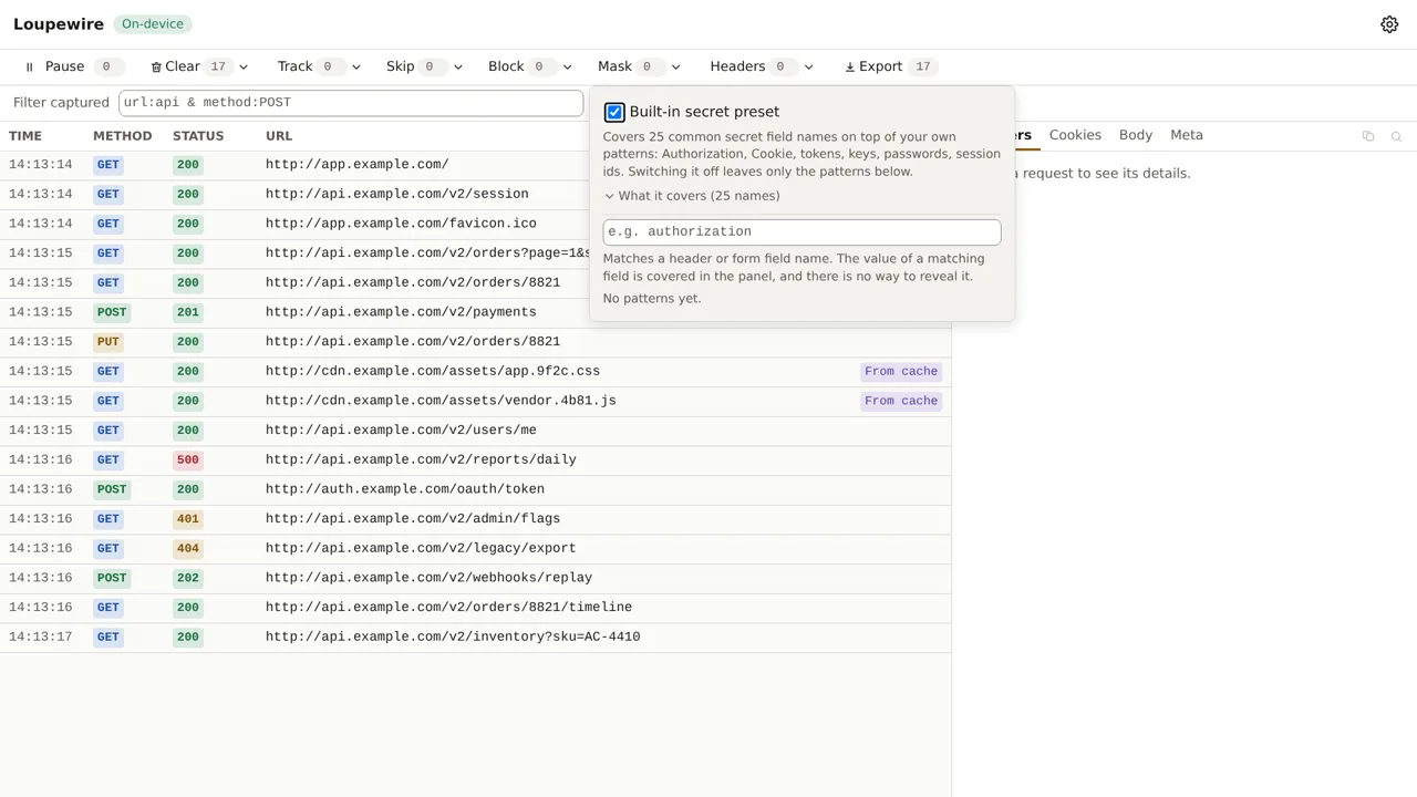 The Mask popover: the Built-in secret preset checkbox ticked, its note about covering 25 common secret field names, and a collapsed list reading What it covers, 25 names