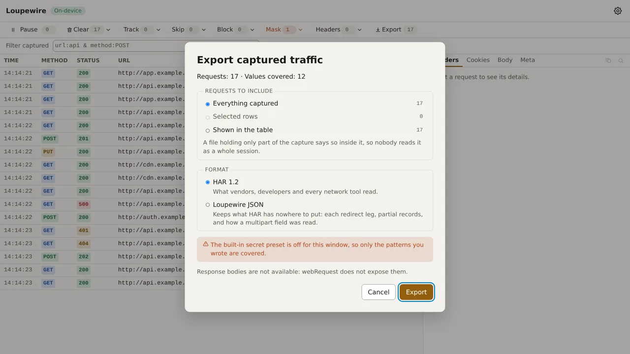 The export dialog with a warning reading The built-in secret preset is off for this window, so only the patterns you wrote are covered