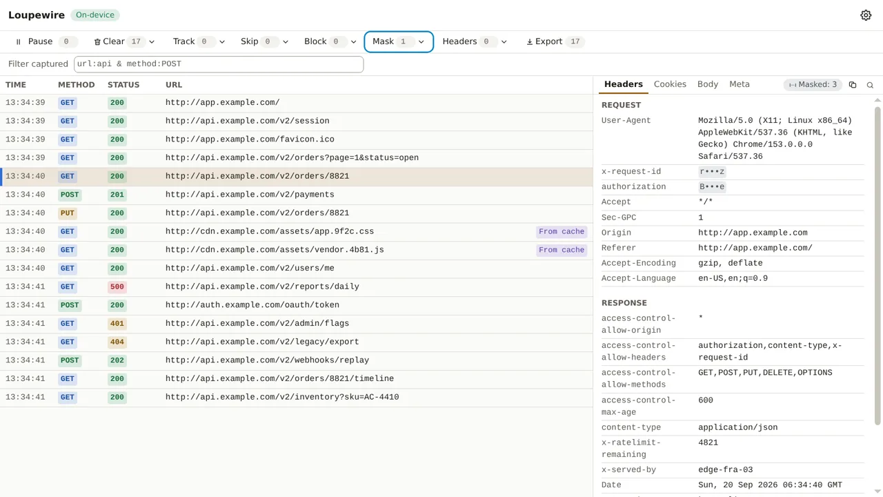The Headers panel of a request: x-request-id reads r dot dot dot z and authorization reads B dot dot dot e, with a Masked 3 badge on the tab strip