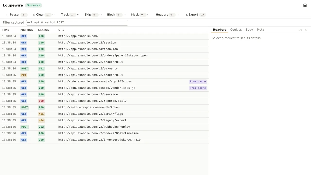 The request table with Track 1 and Skip 0, seventeen rows including two from cdn.example.com