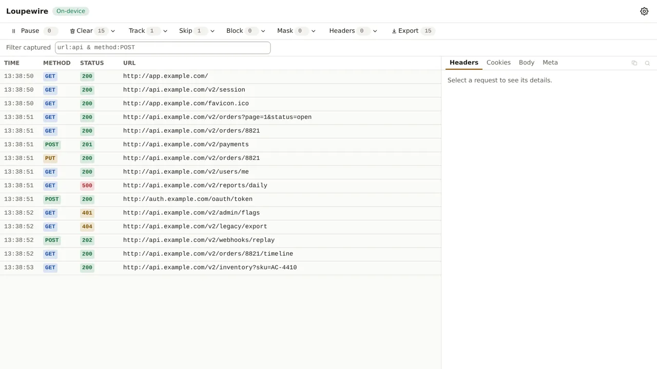 The same table with Track 1 and Skip 1, fifteen rows and no cdn.example.com among them