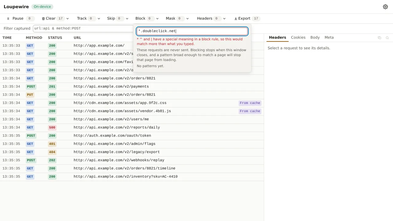 The Block popover with star dot doubleclick dot net typed in, a red refusal message below the input, and the list still reading No patterns yet