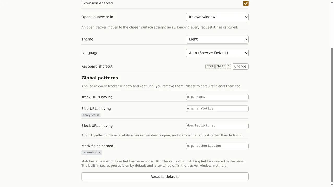 The Settings page, Global patterns section, with the four labelled inputs and a chip under Skip and under Mask