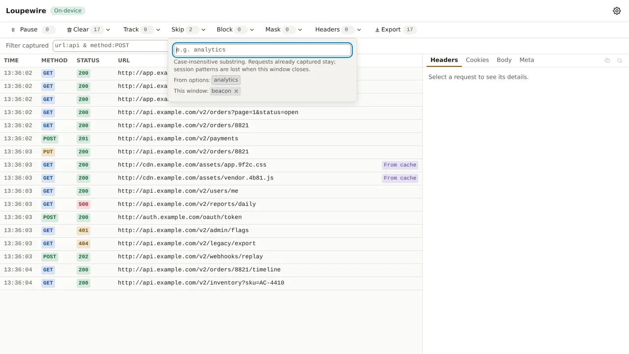 The Skip popover listing two chips: From options analytics with no remove button, and This window beacon with one