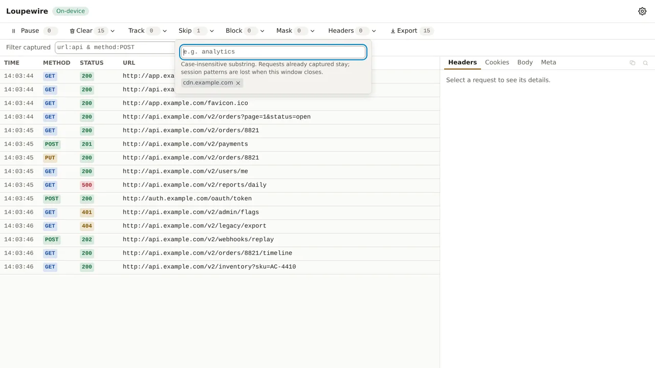 The Skip popover holding the chip cdn.example.com, over a table of fifteen rows with no cdn request among them