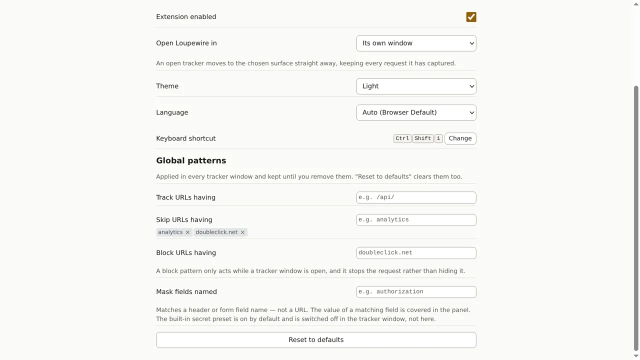 The Settings page, Global patterns, with two chips under Skip URLs having